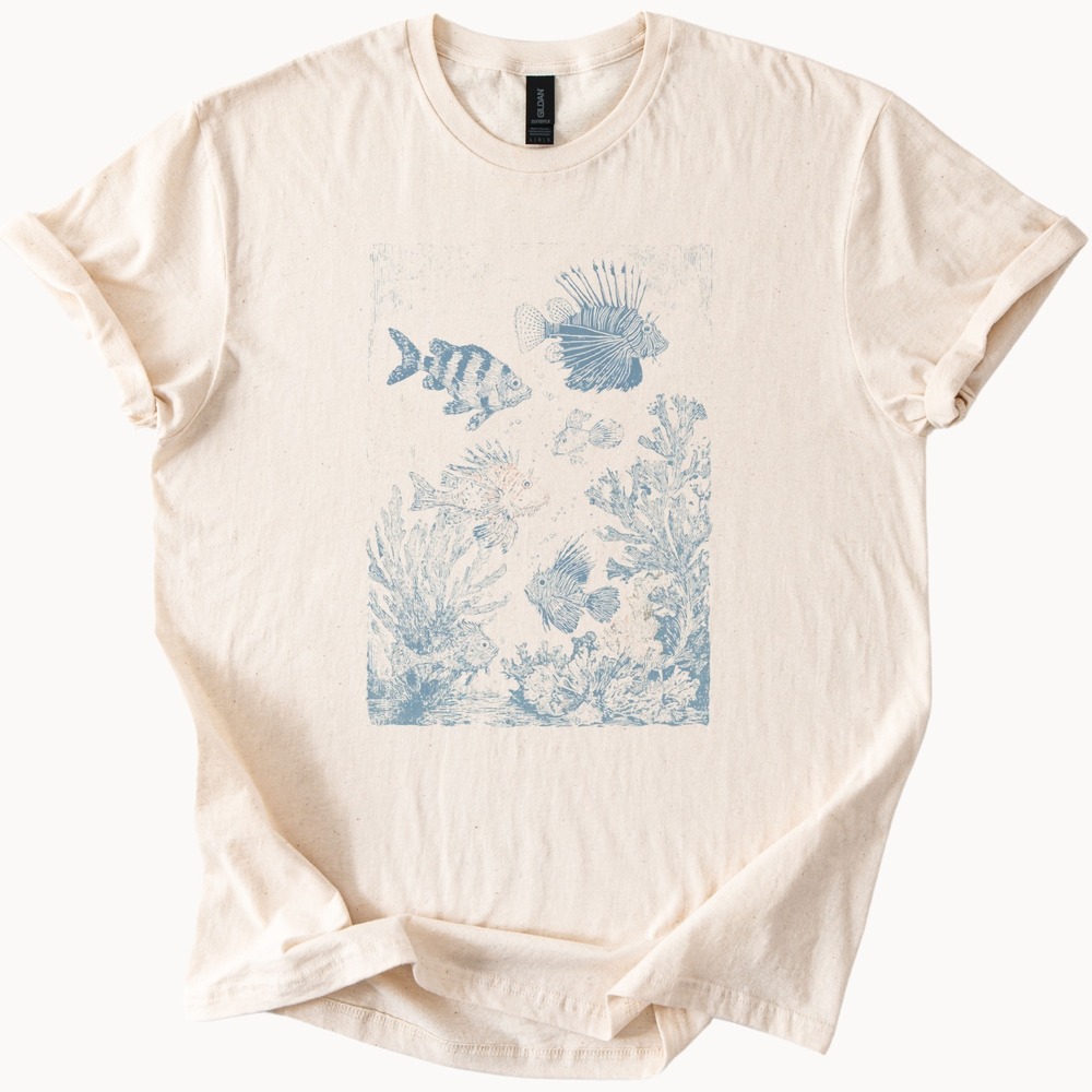 Underwater Ocean Life Graphic Tee Engraved Illustration - Picture 2 of 5
